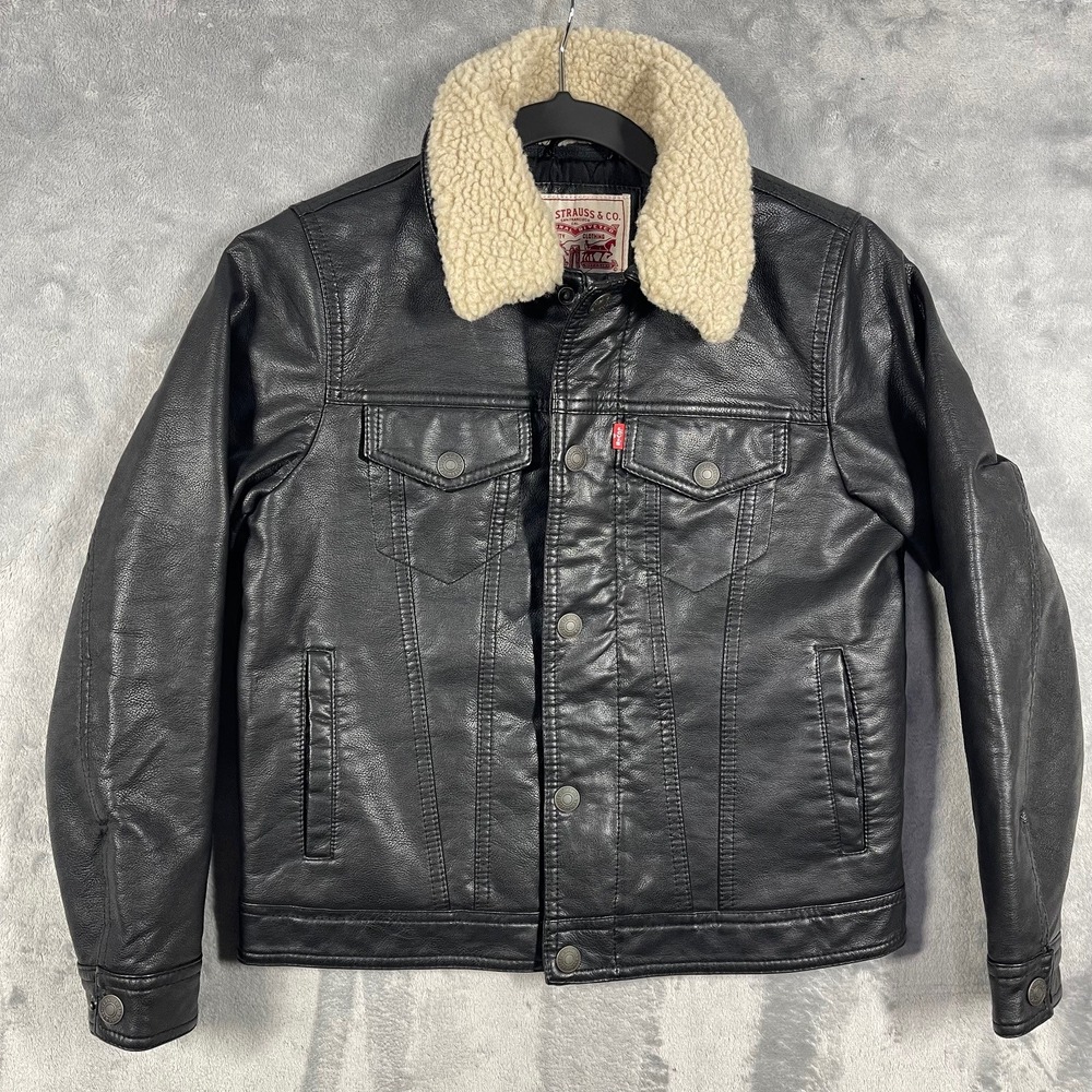 Levi's Trucker Jacket Boys Youth Small 8-10 Black‎ Faux Leather Quilted Sherpa